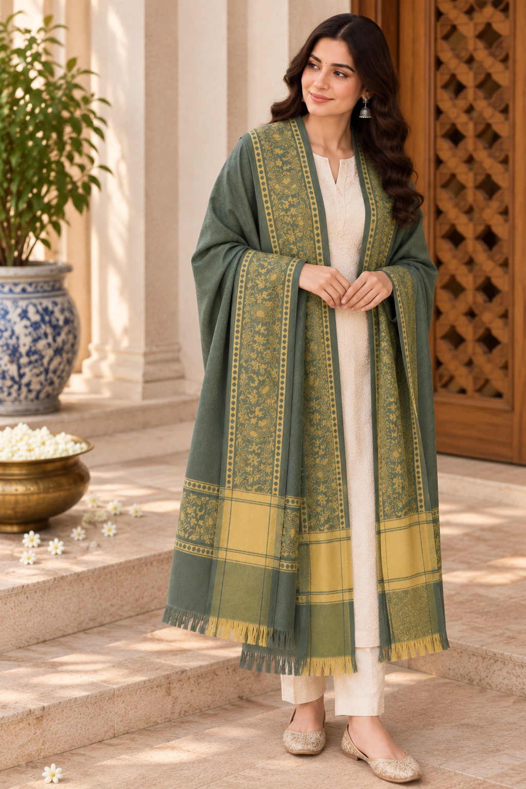 Sage Green Silk Stole with Golden Paisley Border