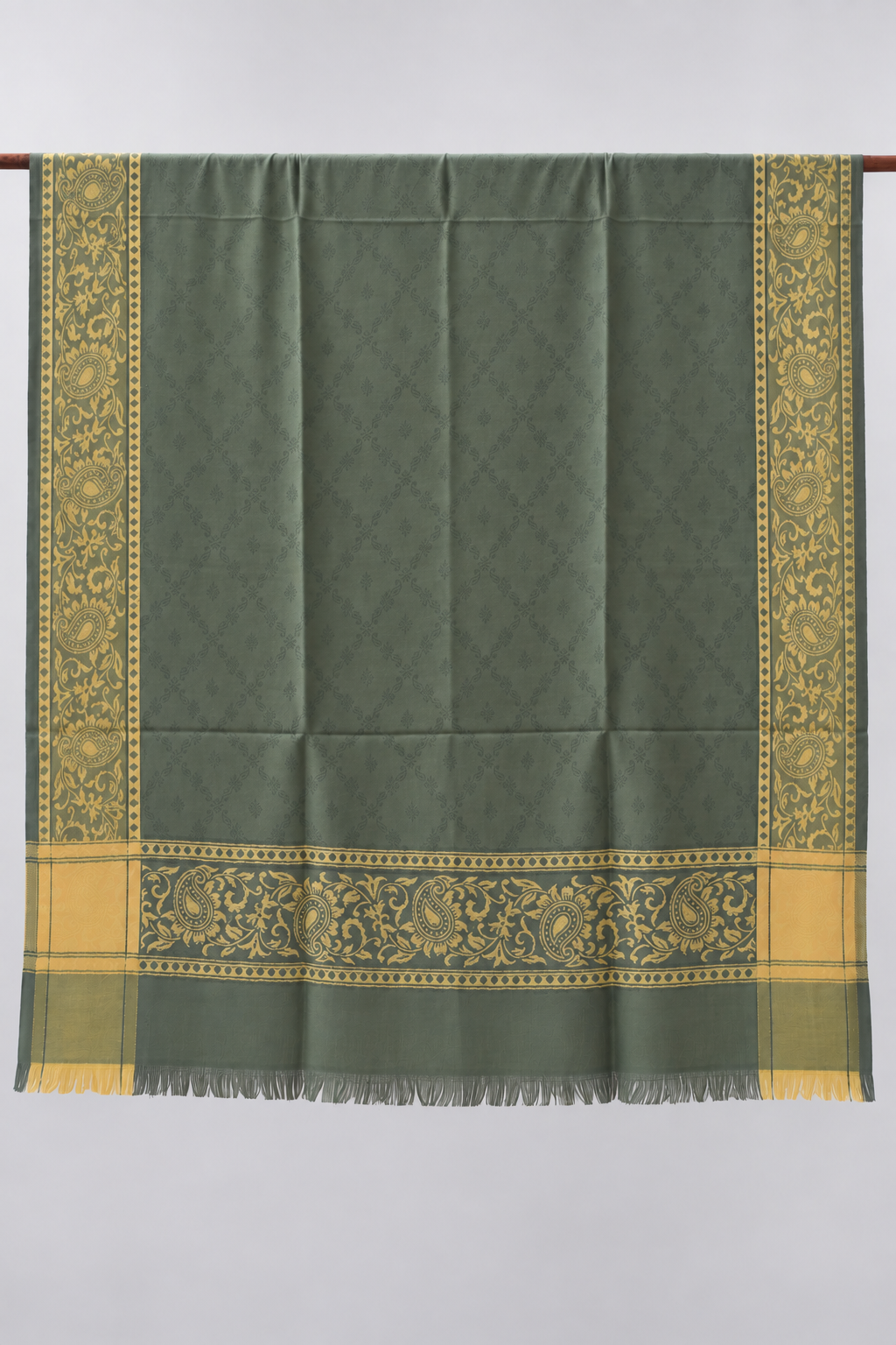 Sage Green Silk Stole with Golden Paisley Border