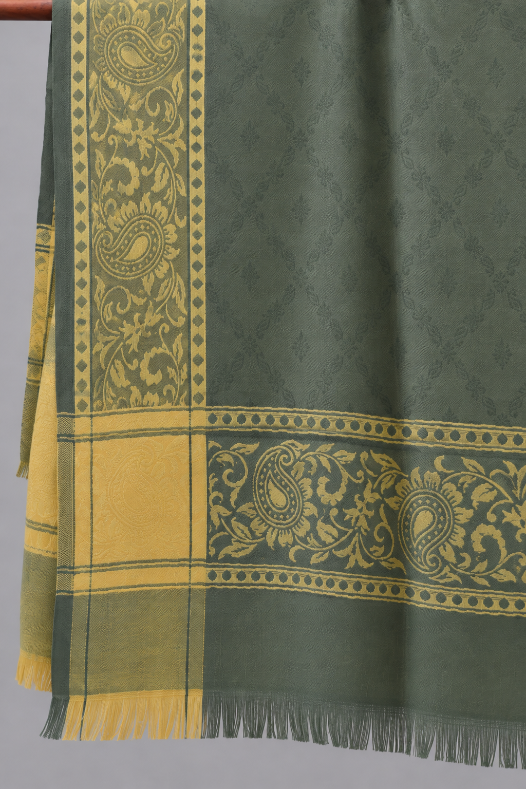 Sage Green Silk Stole with Golden Paisley Border