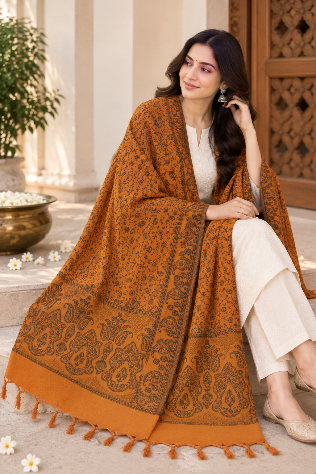 Mustard Tonal Paisley Shawl with Twisted Fringe