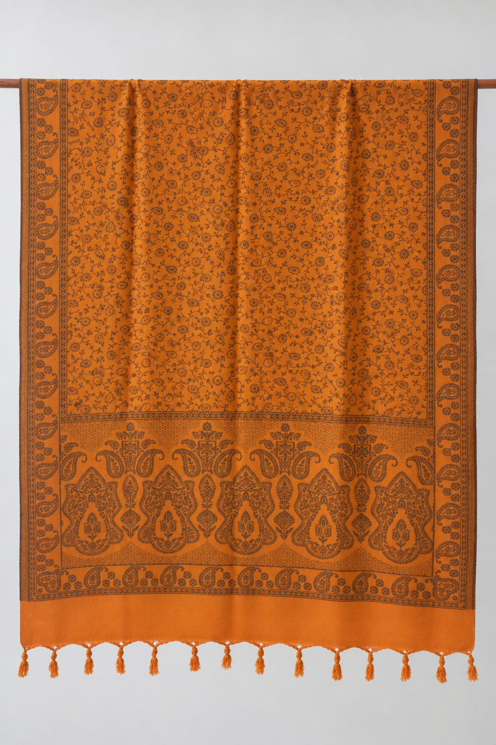 Mustard Tonal Paisley Shawl with Twisted Fringe