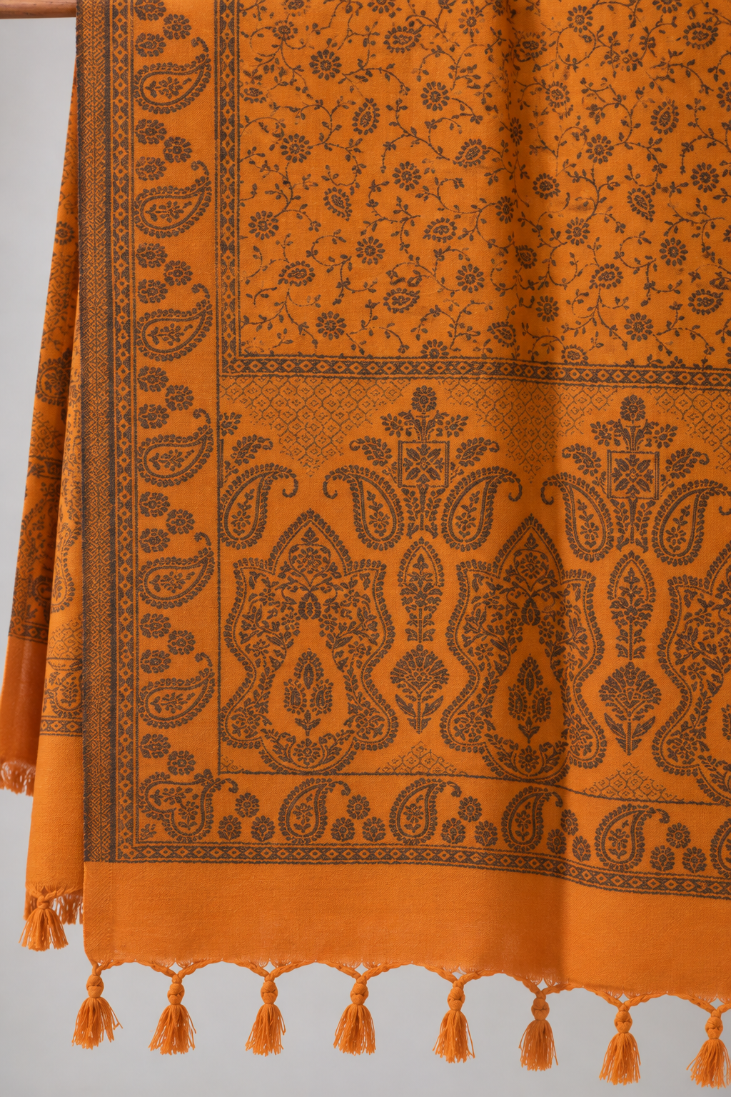 Mustard Tonal Paisley Shawl with Twisted Fringe