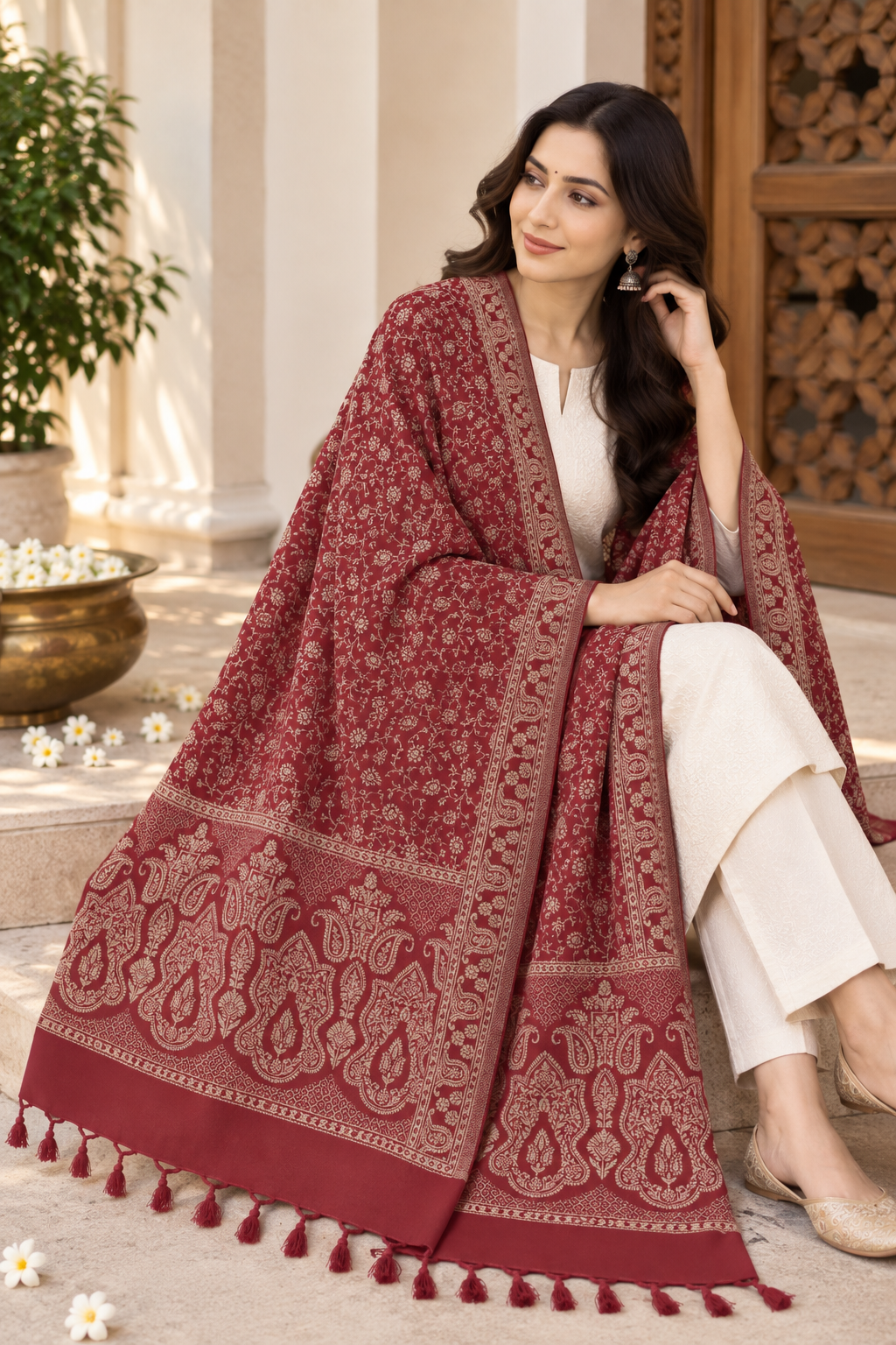 Maroon Tonal Paisley Shawl with Twisted Fringe