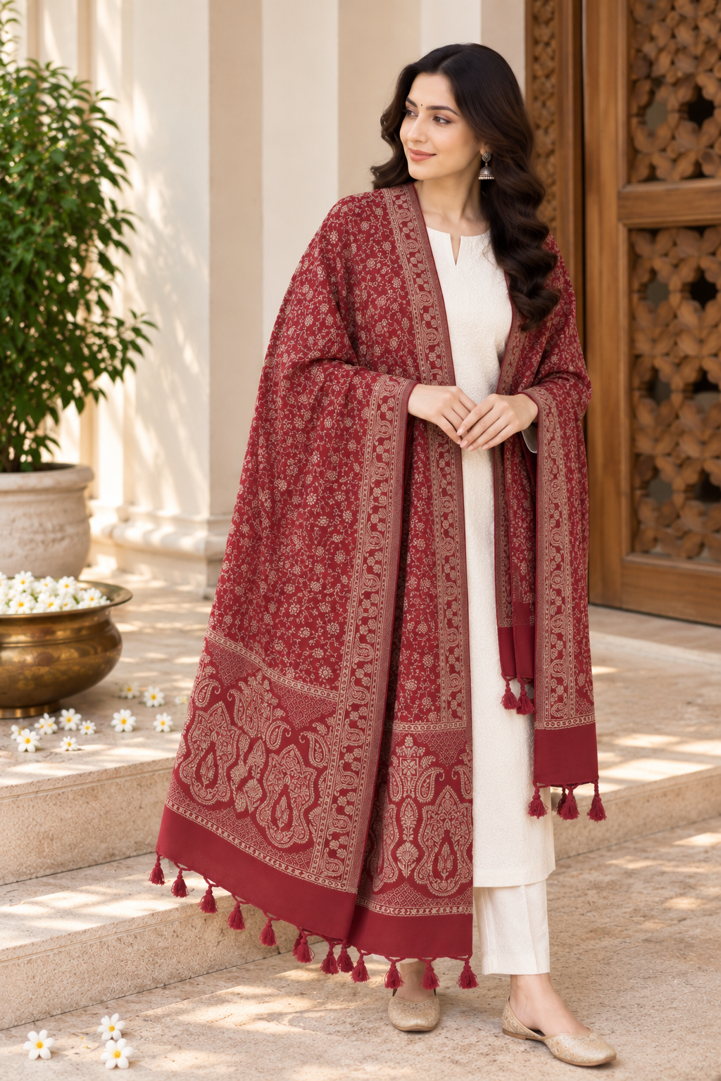 Maroon Tonal Paisley Shawl with Twisted Fringe
