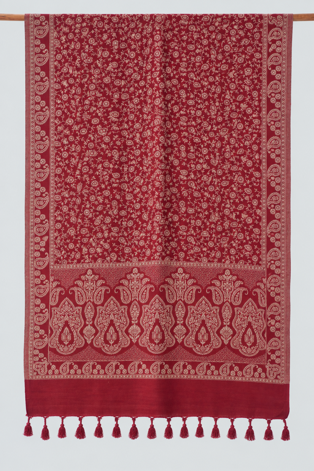 Maroon Tonal Paisley Shawl with Twisted Fringe