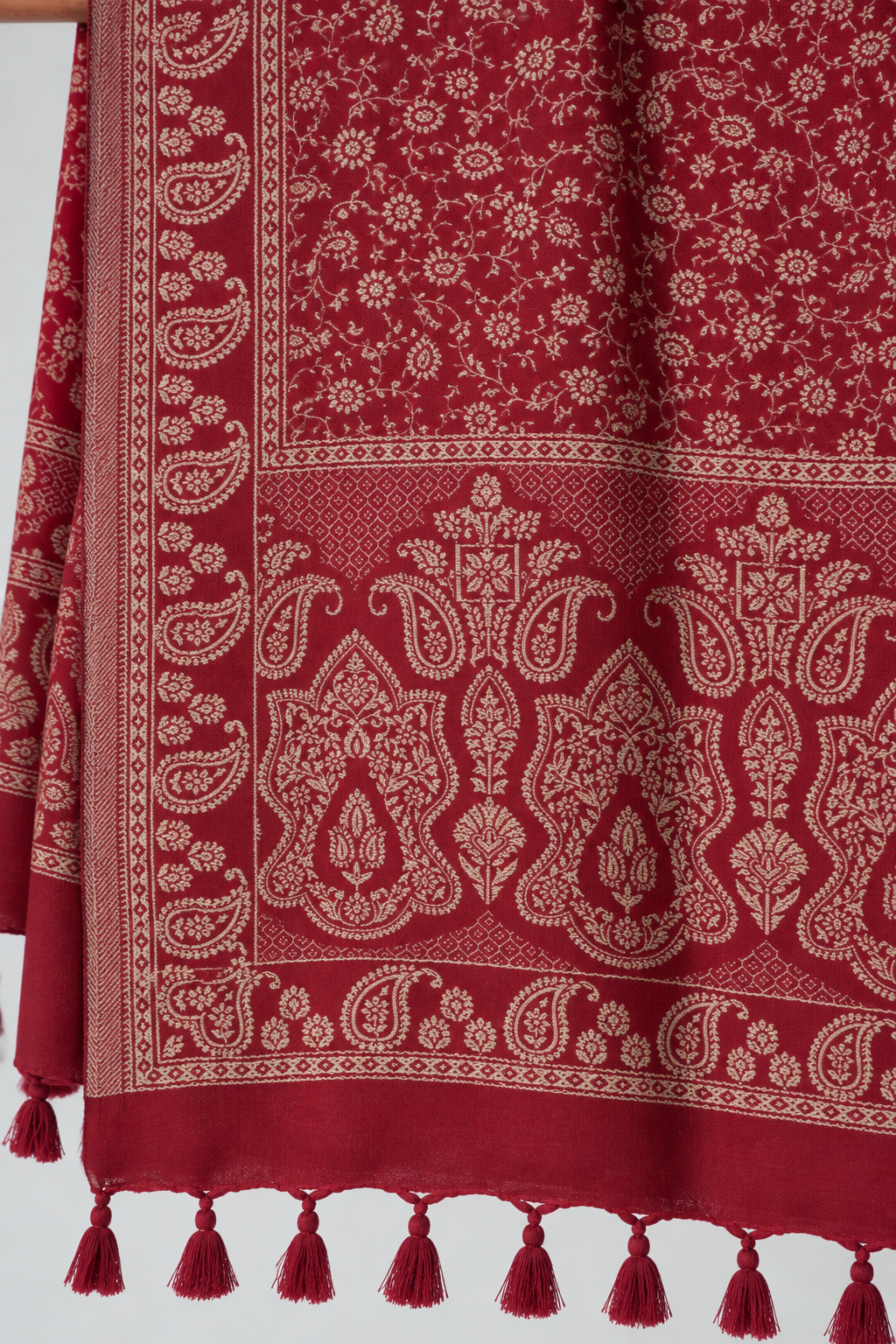 Maroon Tonal Paisley Shawl with Twisted Fringe