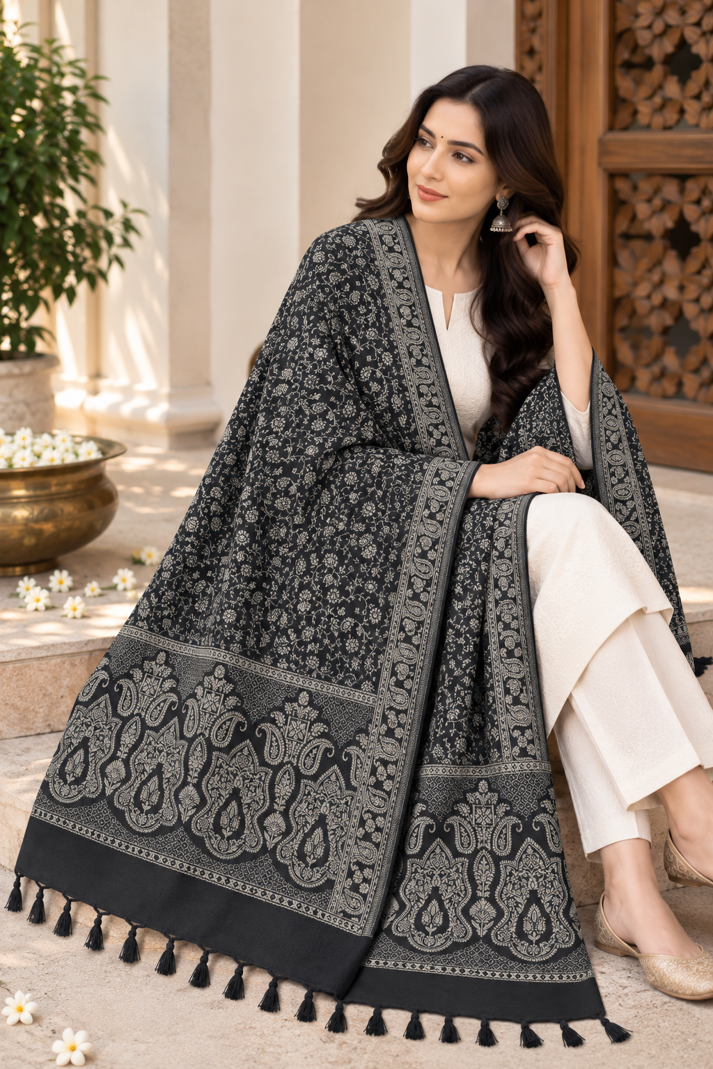 Black Tonal Paisley Shawl with Twisted Fringe