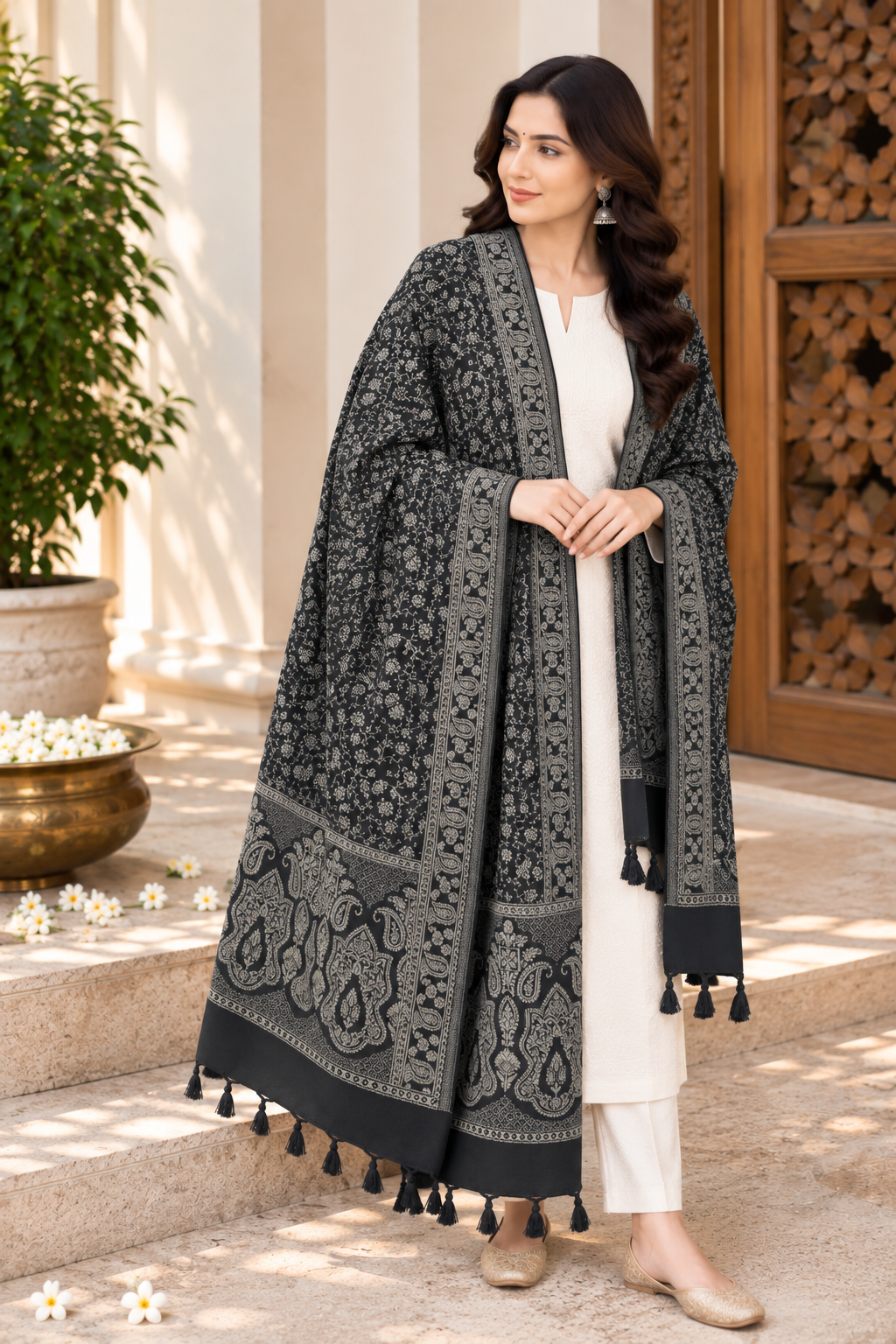 Black Tonal Paisley Shawl with Twisted Fringe