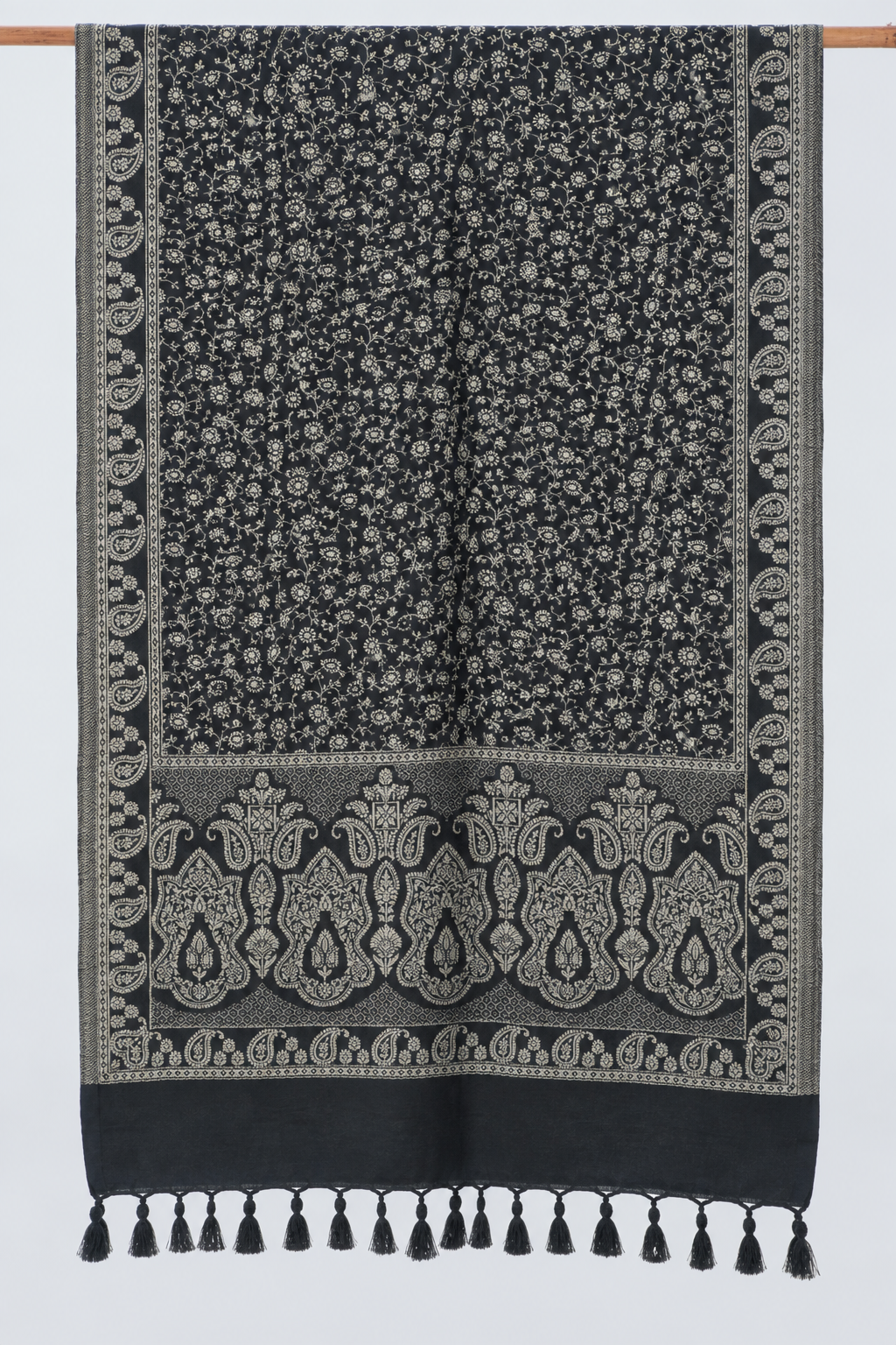 Black Tonal Paisley Shawl with Twisted Fringe