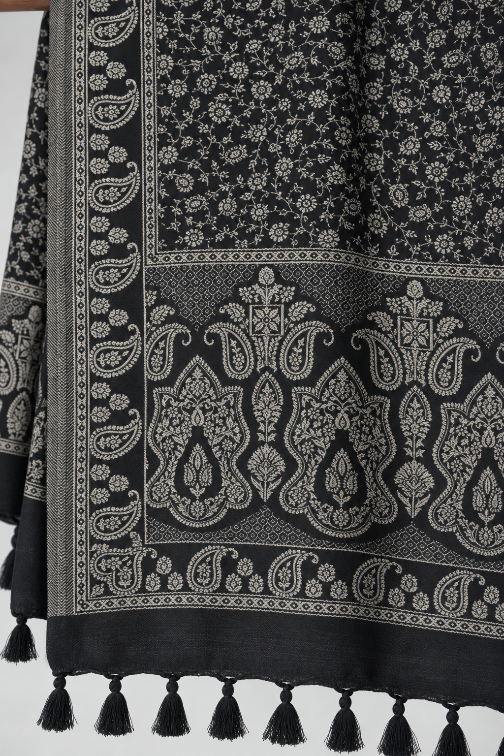 Black Tonal Paisley Shawl with Twisted Fringe