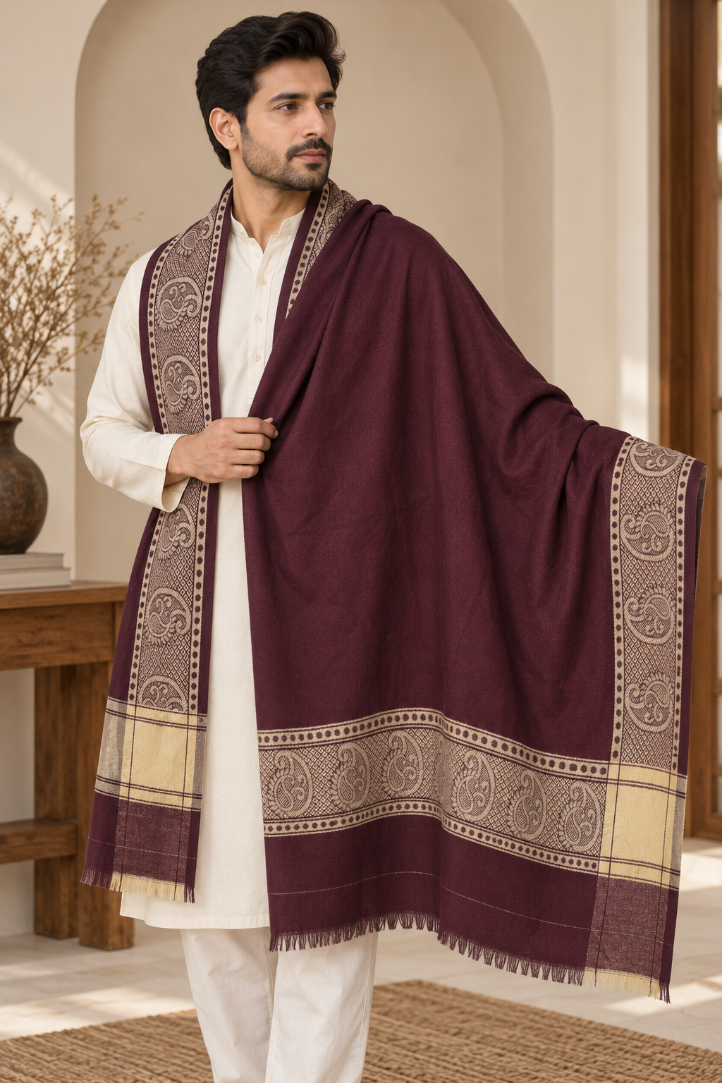 Maroon Solid Shawl with Paisley Border