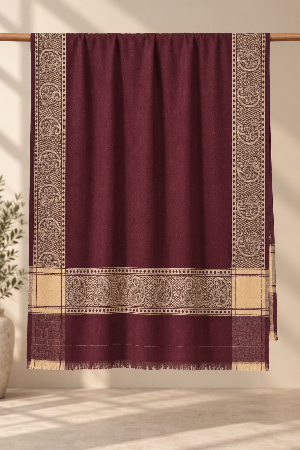 Maroon Solid Shawl with Paisley Border