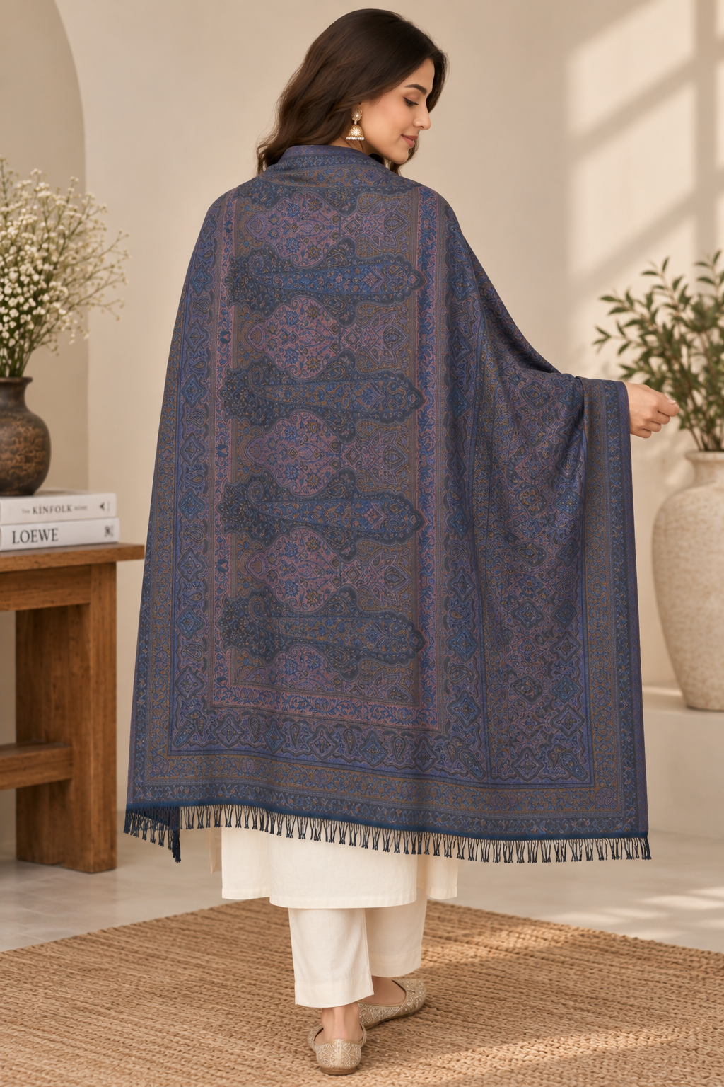 Indigo Kani Paisley Shawl with Ornate Border