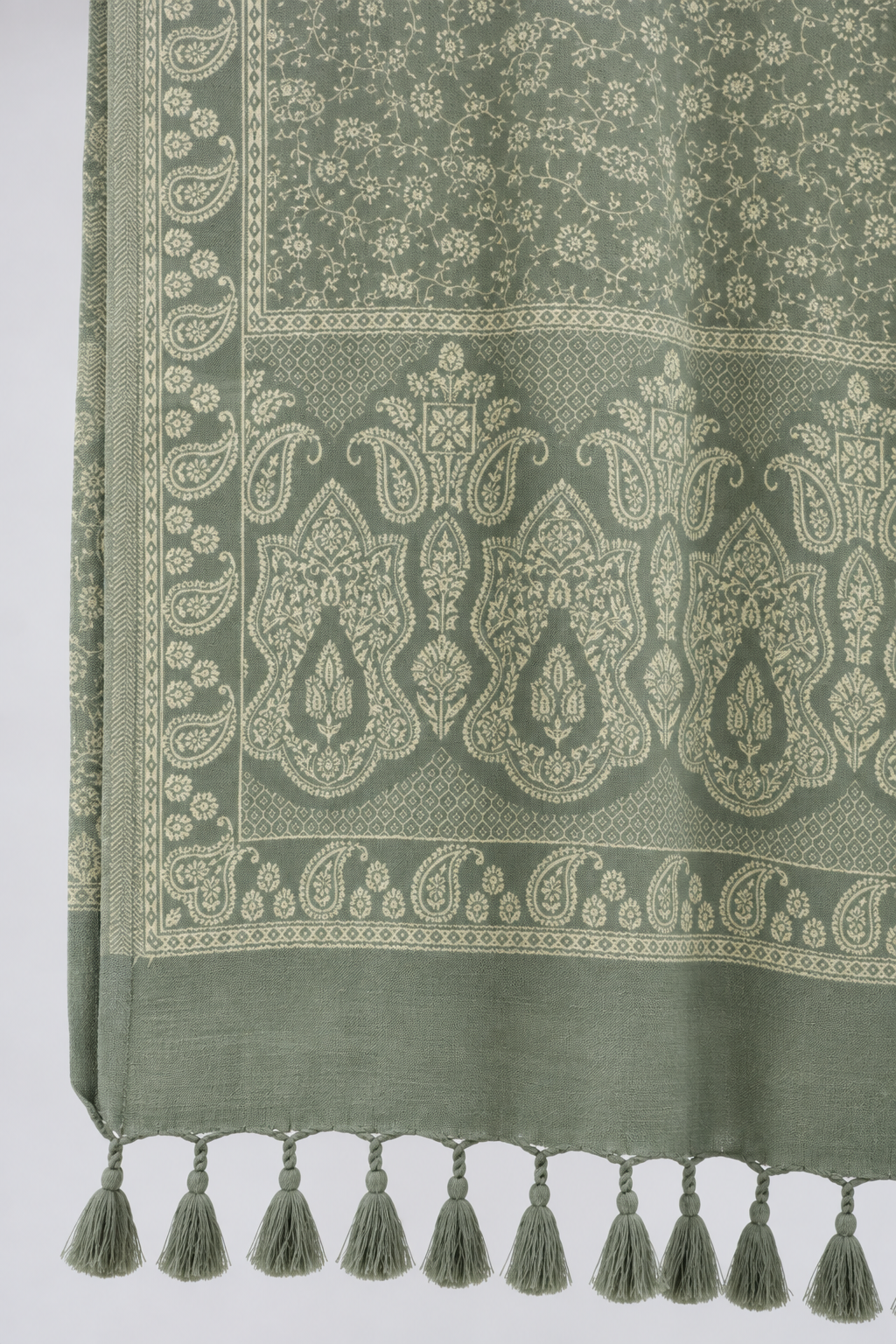Sage Green Tonal Paisley Shawl with Twisted Fringe