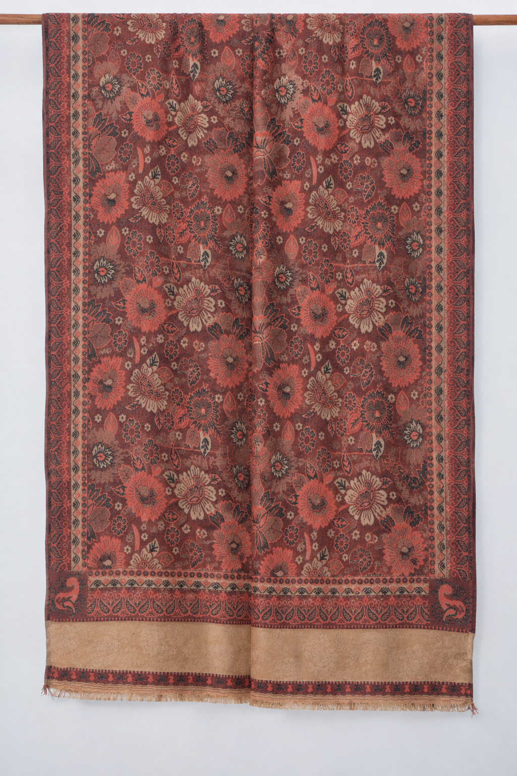 Coral Floral Jacquard Shawl with Beige Panel