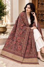 Coral Floral Jacquard Shawl with Beige Panel
