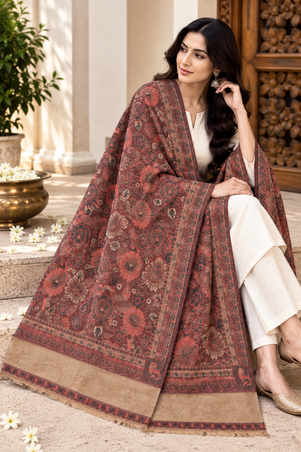 Coral Floral Jacquard Shawl with Beige Panel