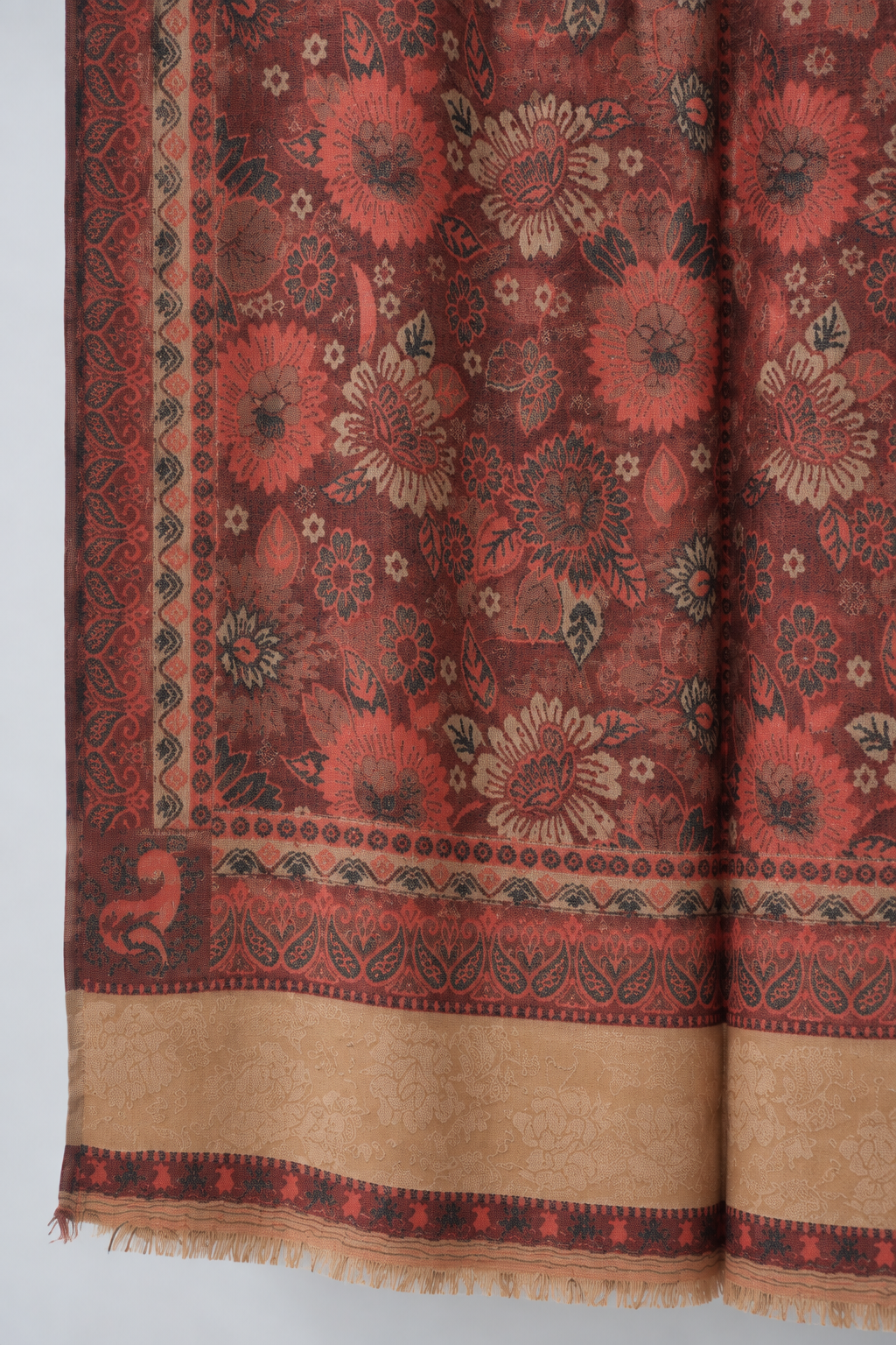 Coral Floral Jacquard Shawl with Beige Panel