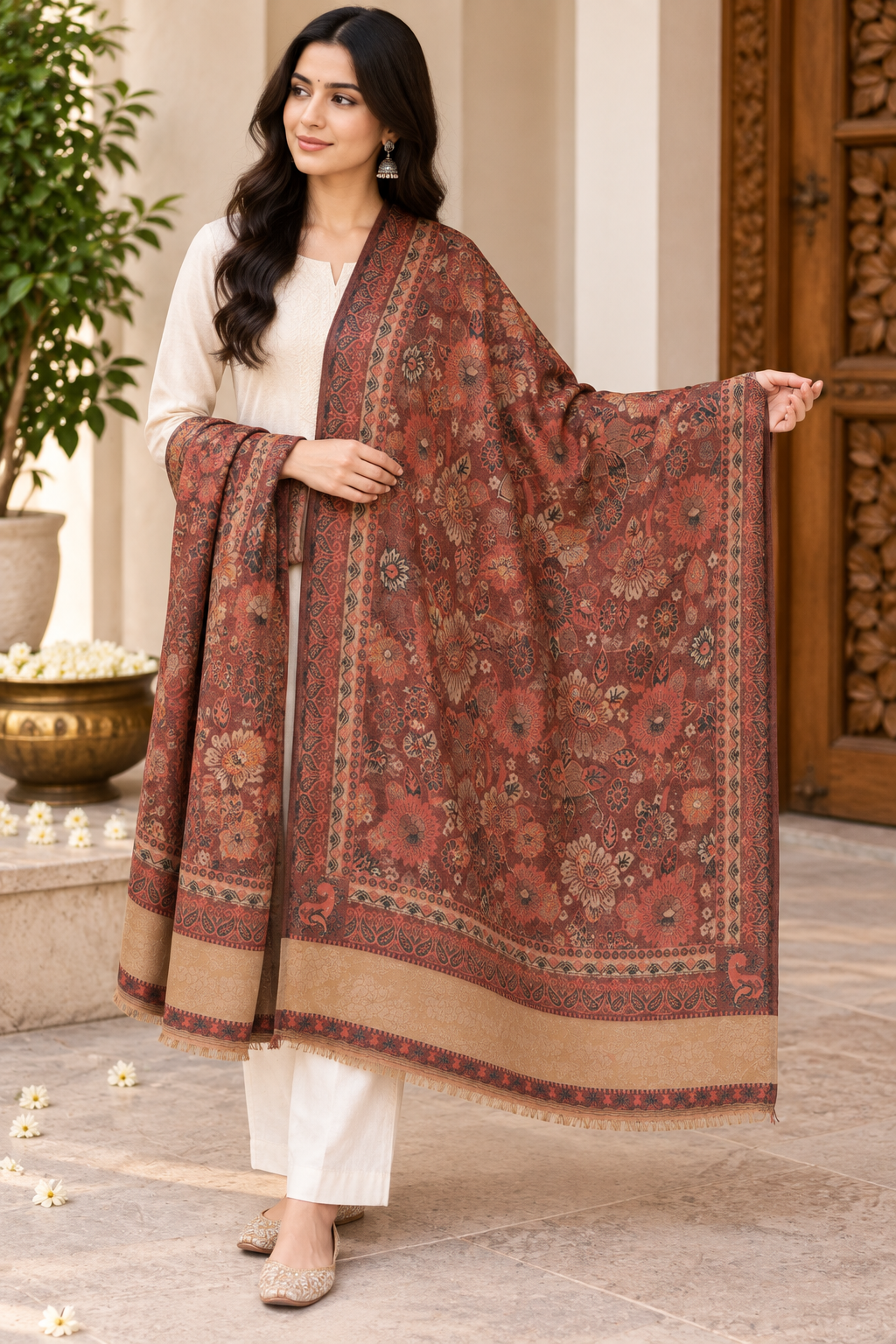 Coral Floral Jacquard Shawl with Beige Panel