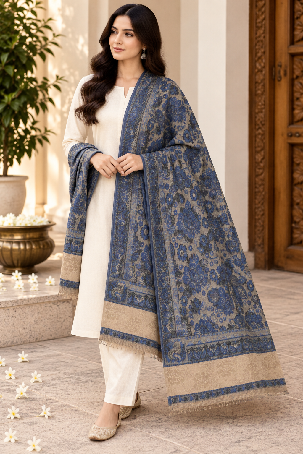 Royal Blue Floral Jacquard Shawl with Blush Panel