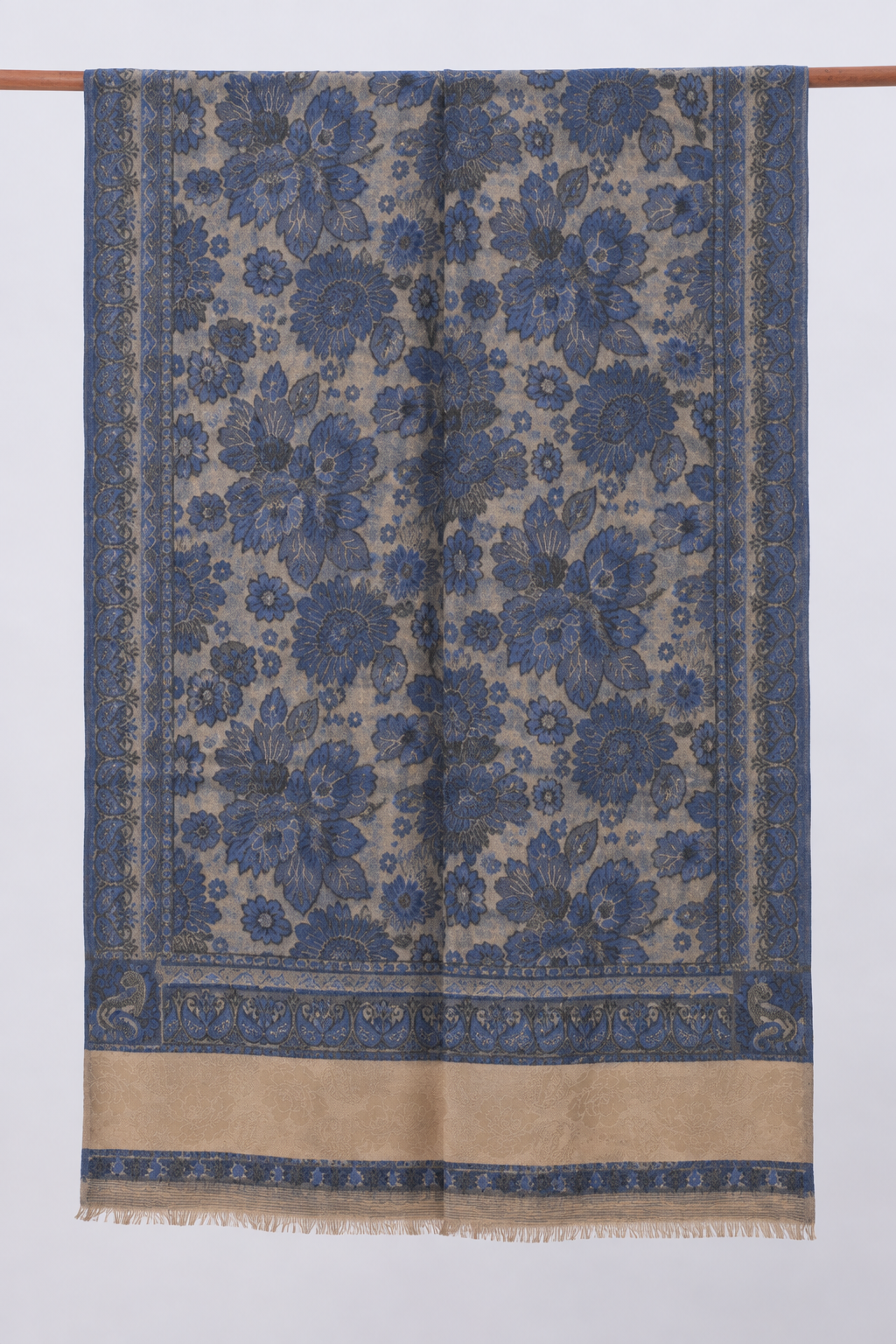 Royal Blue Floral Jacquard Shawl with Blush Panel