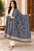 Royal Blue Floral Jacquard Shawl with Blush Panel