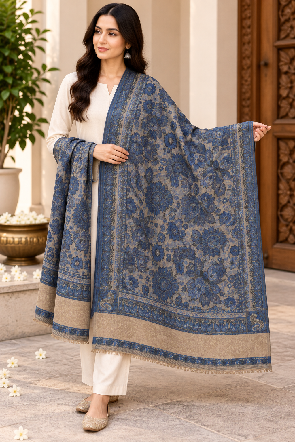 Royal Blue Floral Jacquard Shawl with Blush Panel