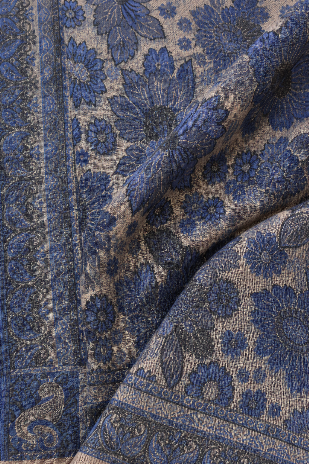 Royal Blue Floral Jacquard Shawl with Blush Panel