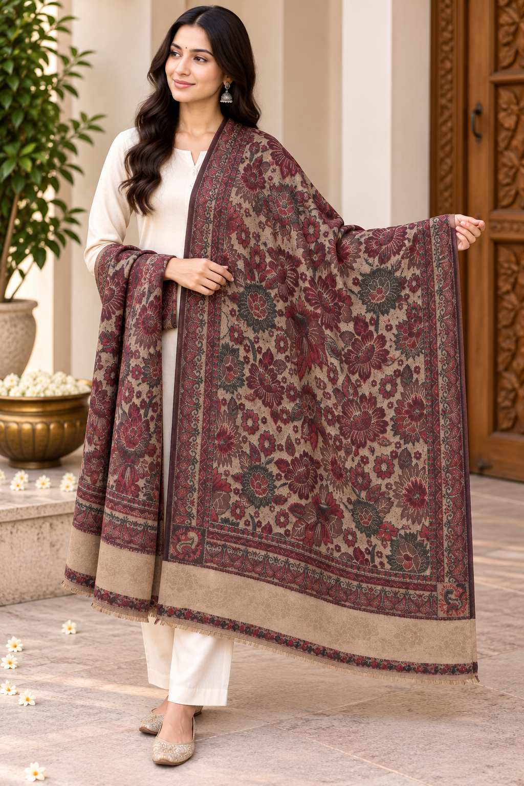 Maroon Floral Jacquard Shawl with Blush Panel