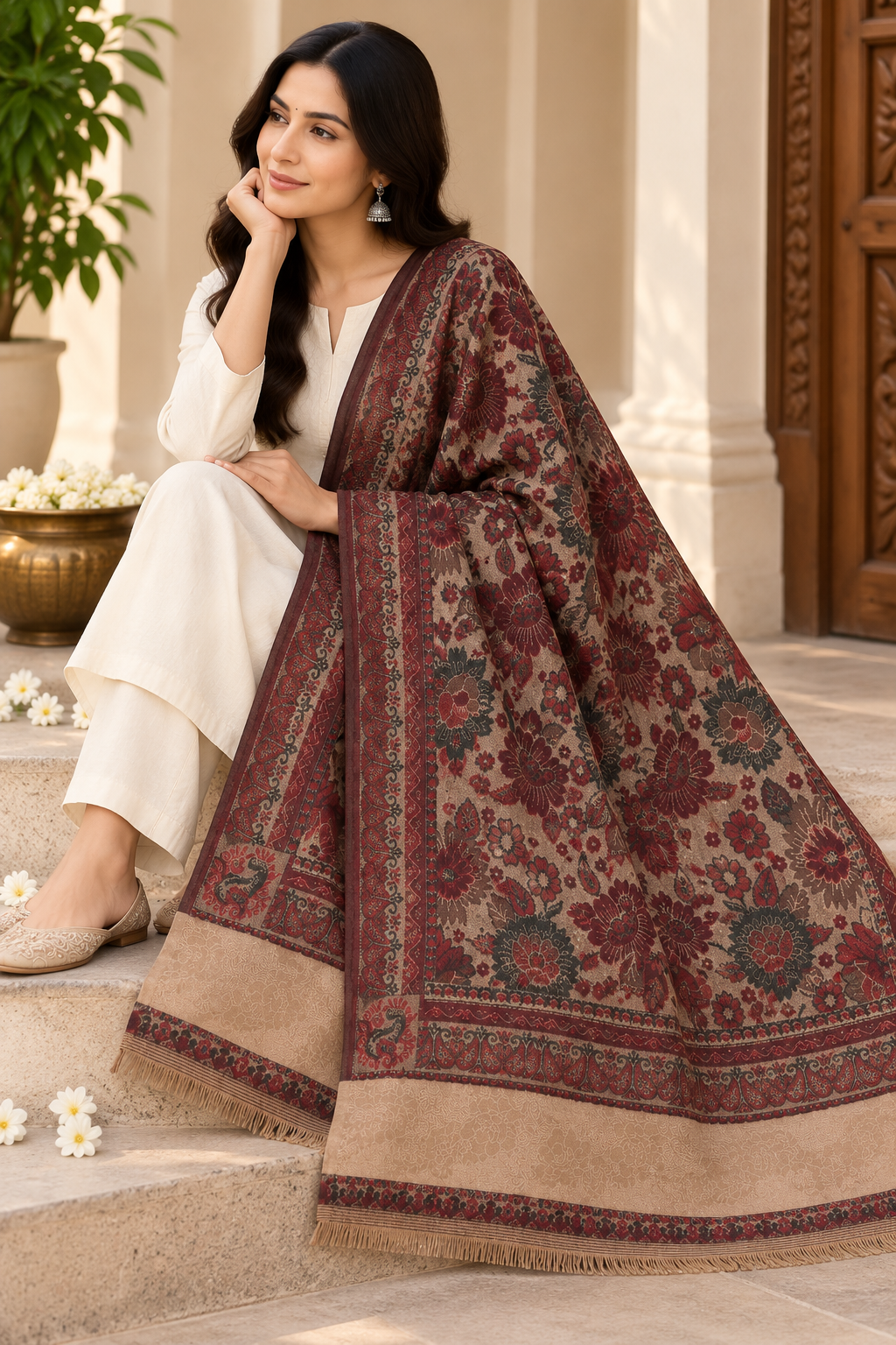 Maroon Floral Jacquard Shawl with Blush Panel