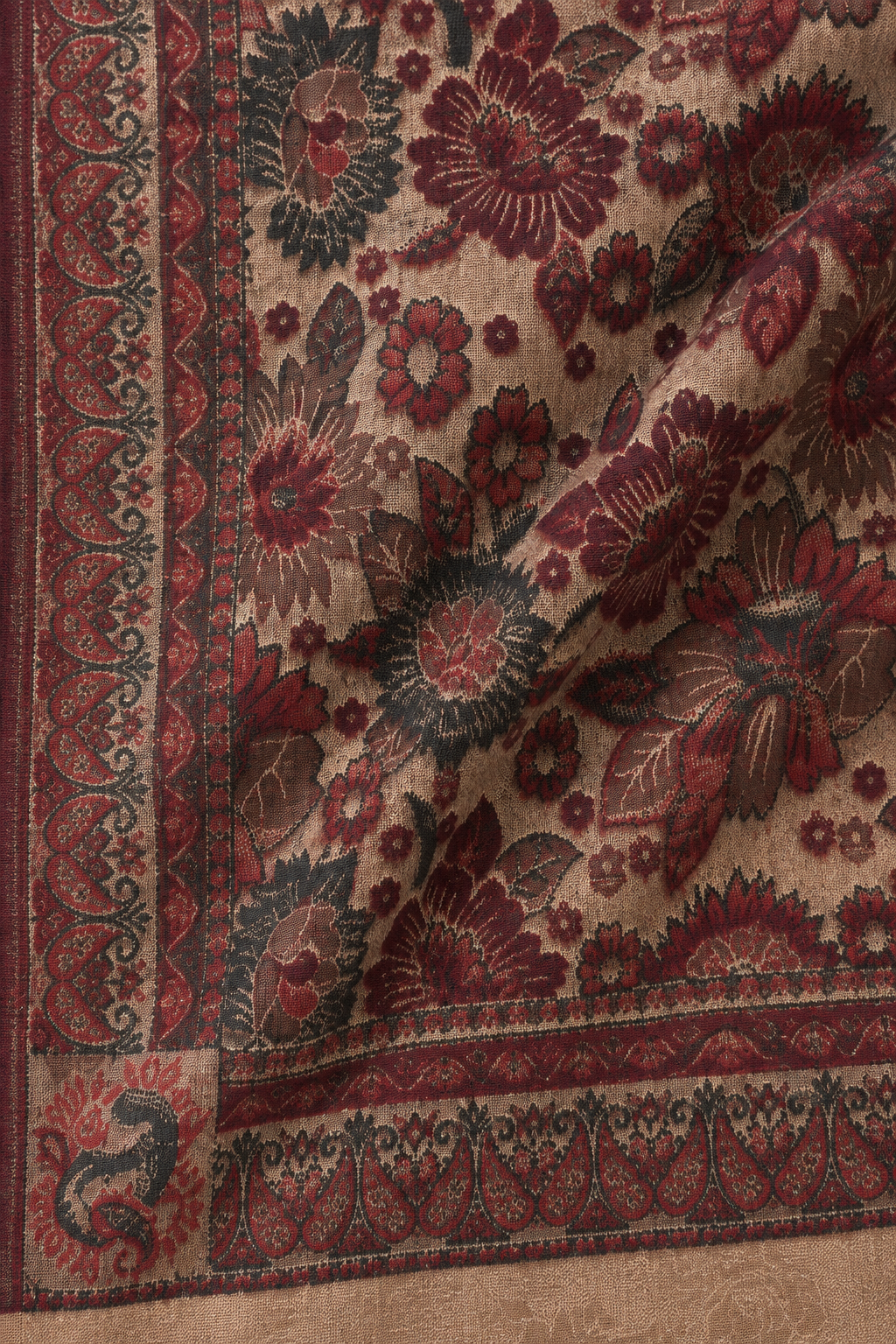 Maroon Floral Jacquard Shawl with Blush Panel