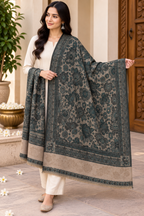 Teal Floral Jacquard Shawl with Blush Panel