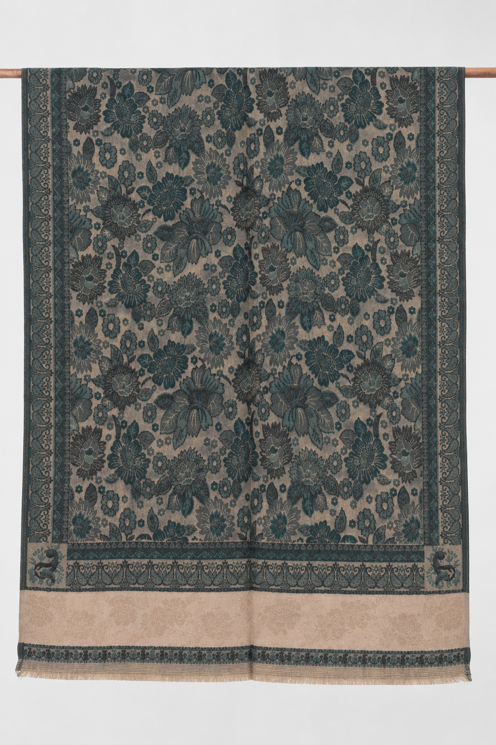 Teal Floral Jacquard Shawl with Blush Panel