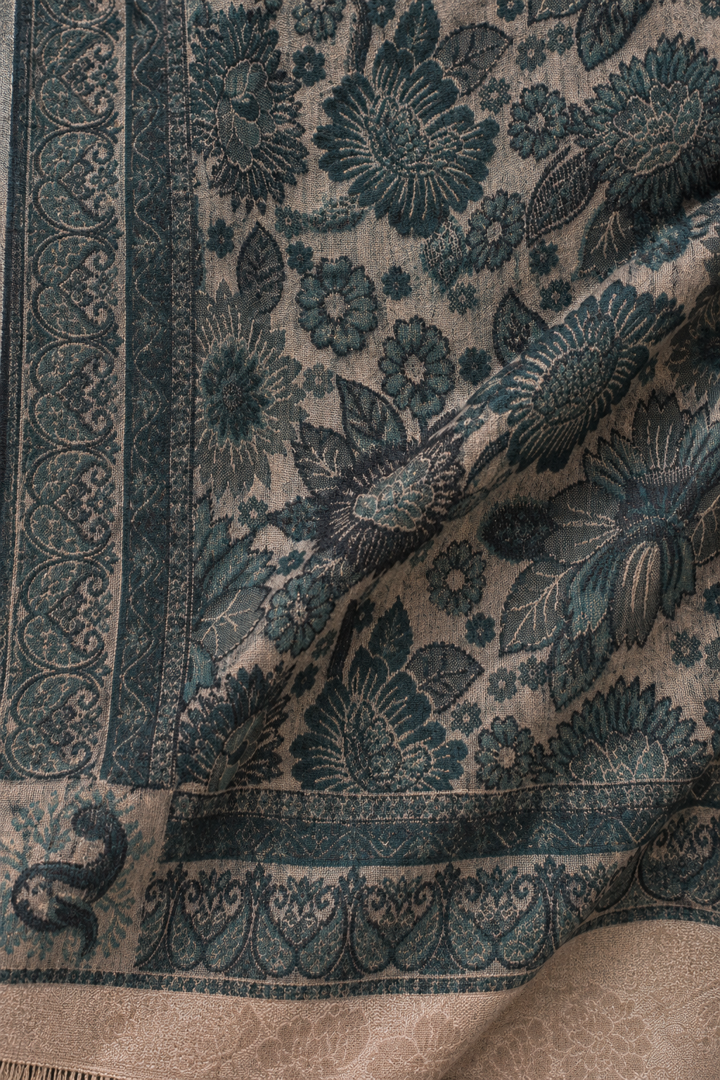 Teal Floral Jacquard Shawl with Blush Panel