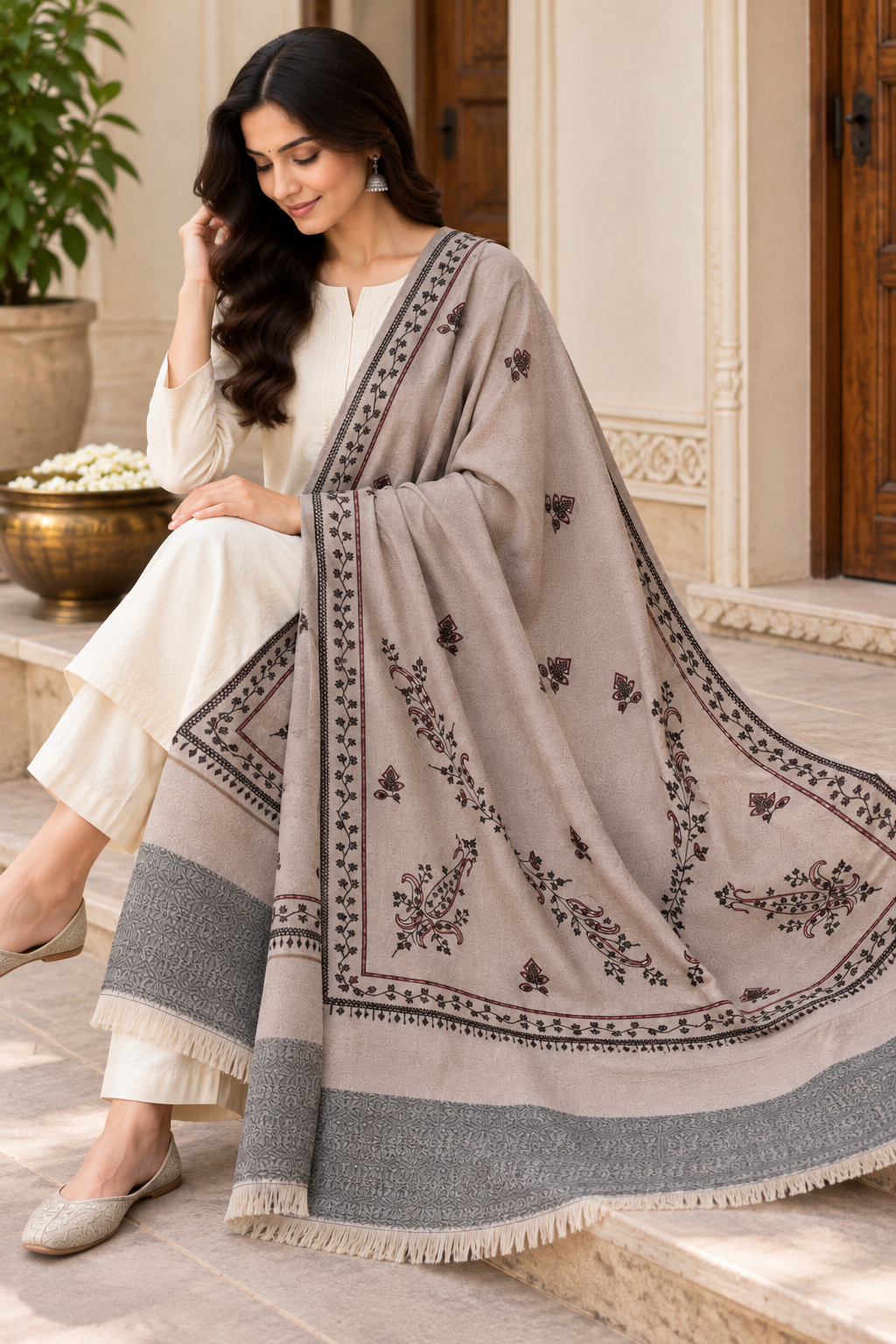 Dusty Pink Stole with Floral Vine Sprigs