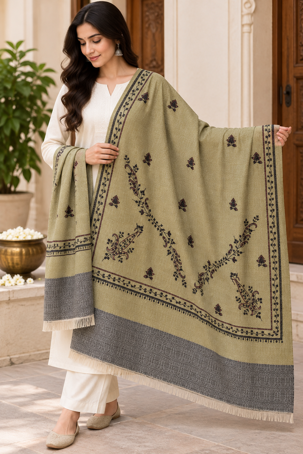 Mauve Grey Stole with Floral Vine Sprigs
