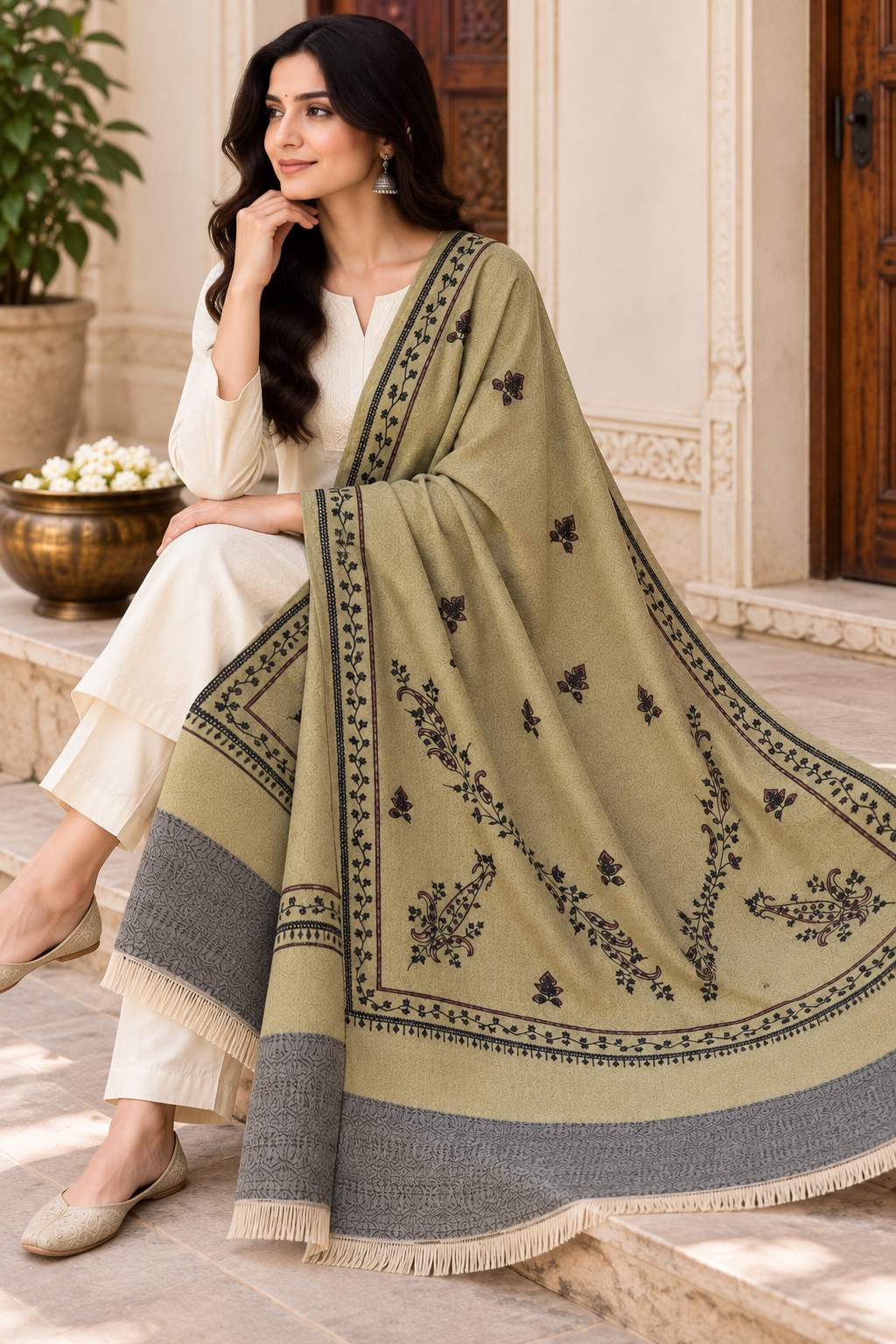 Mauve Grey Stole with Floral Vine Sprigs