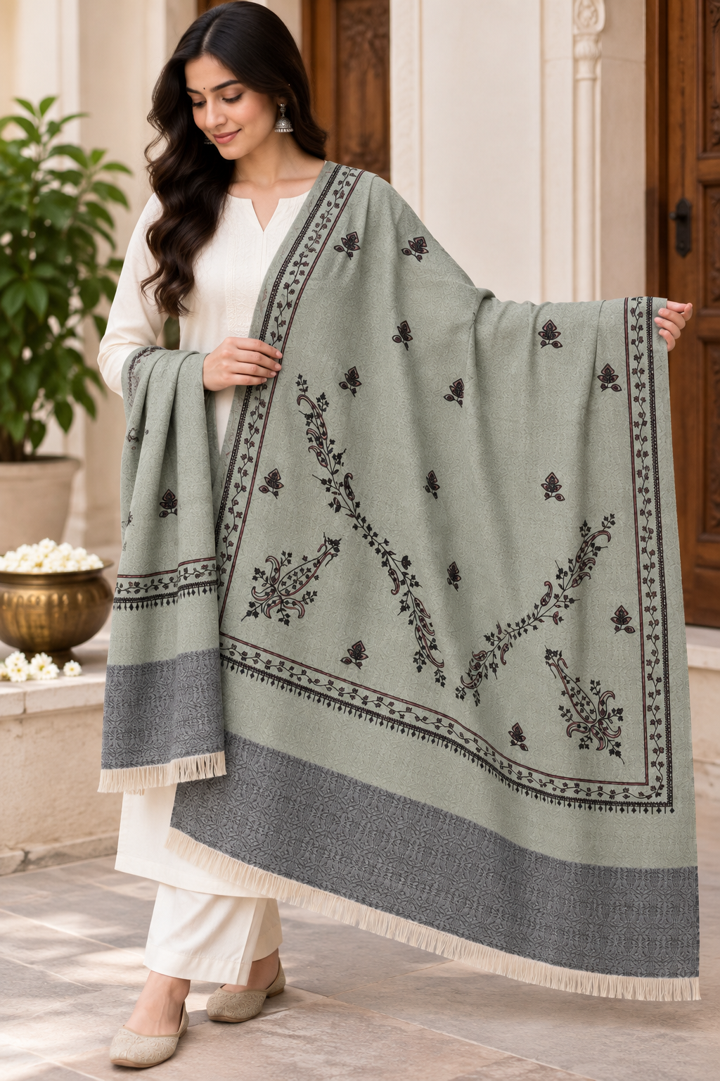 Beige Stole with Floral Vine Sprigs