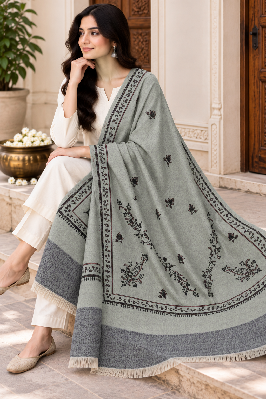 Beige Stole with Floral Vine Sprigs
