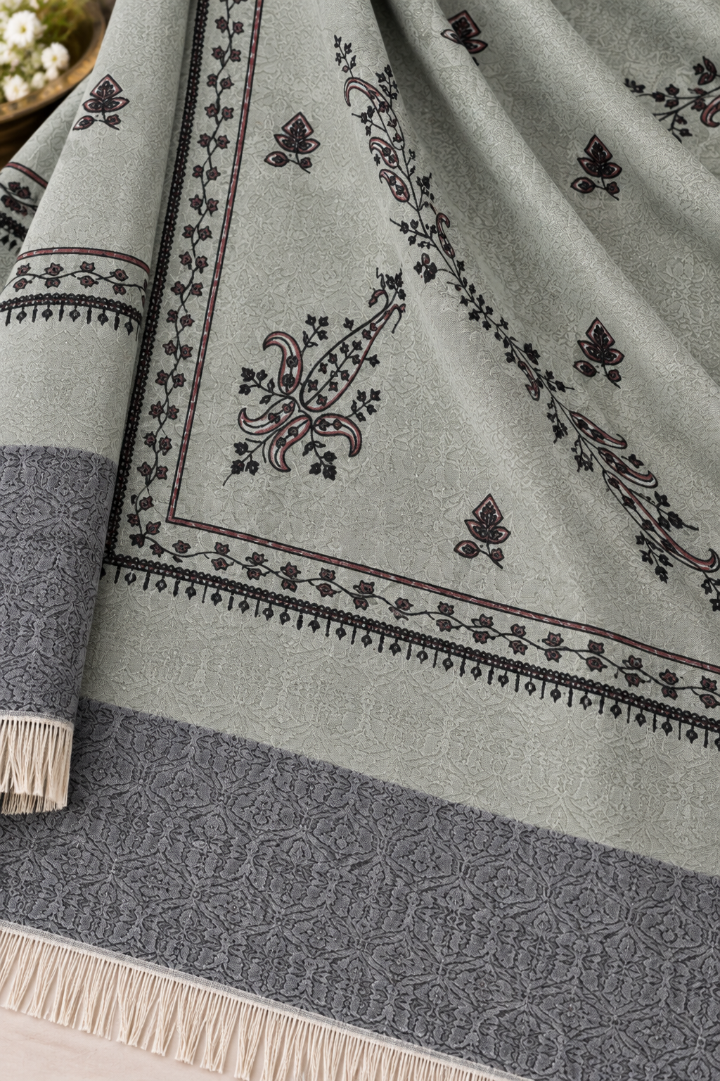 Beige Stole with Floral Vine Sprigs