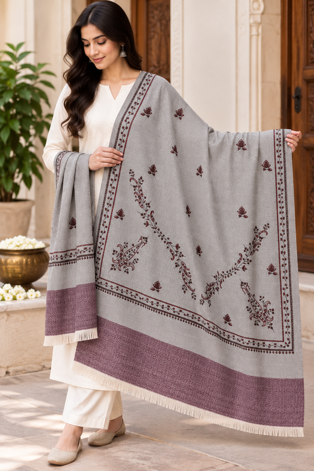 Sage Grey Stole with Floral Vine Sprigs