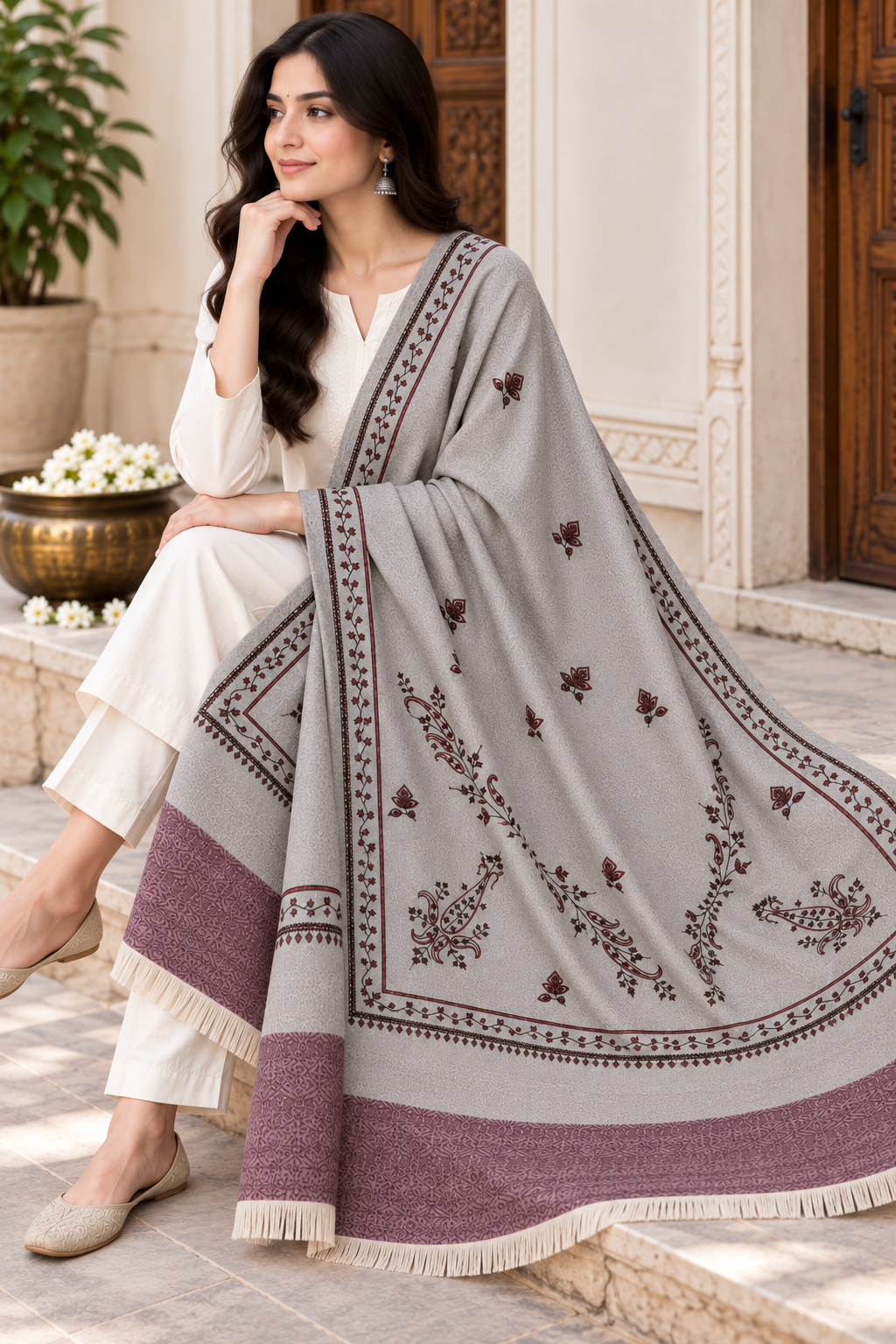 Sage Grey Stole with Floral Vine Sprigs