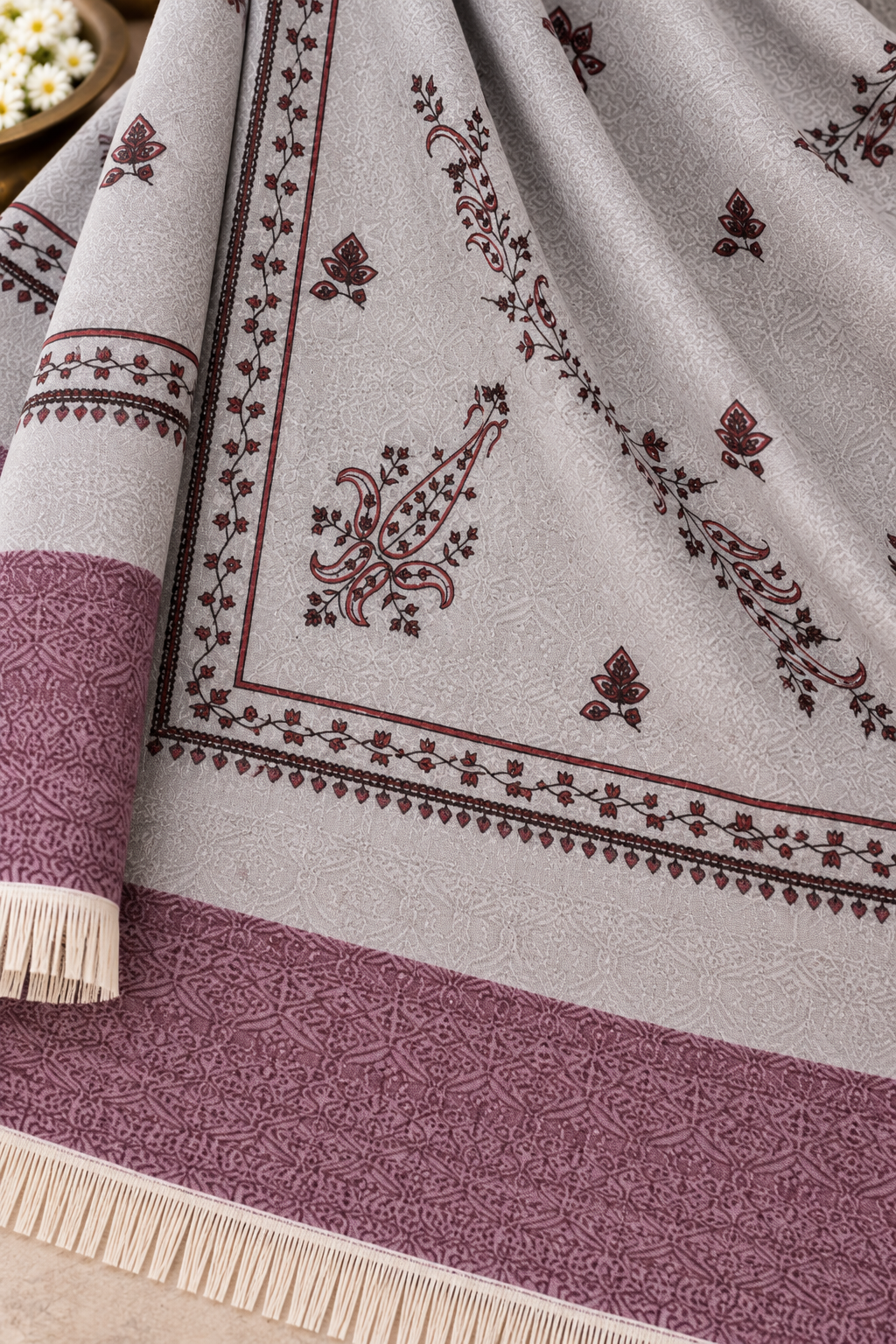 Sage Grey Stole with Floral Vine Sprigs