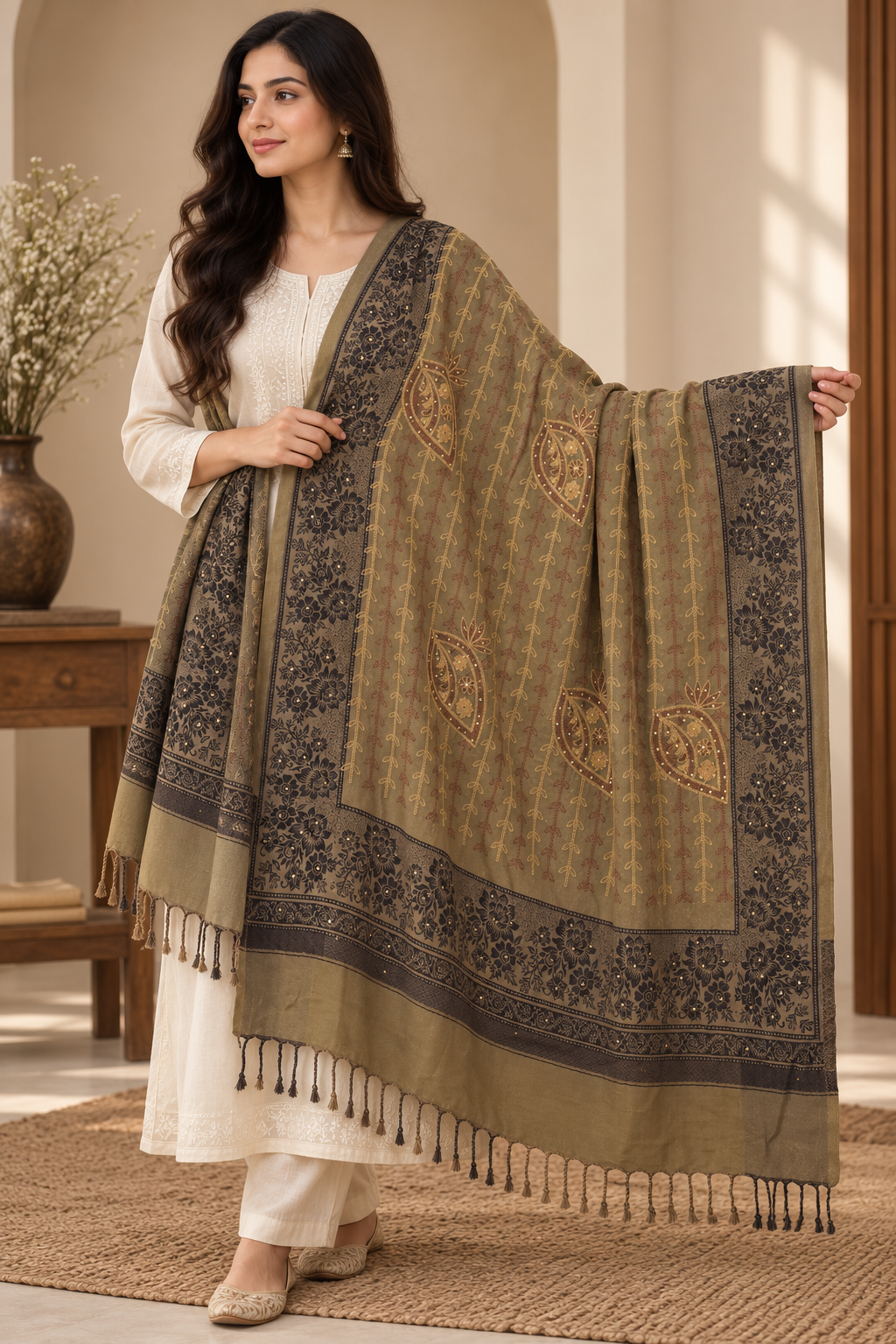 Olive Embroidered Stole with Sequin Paisley Motifs