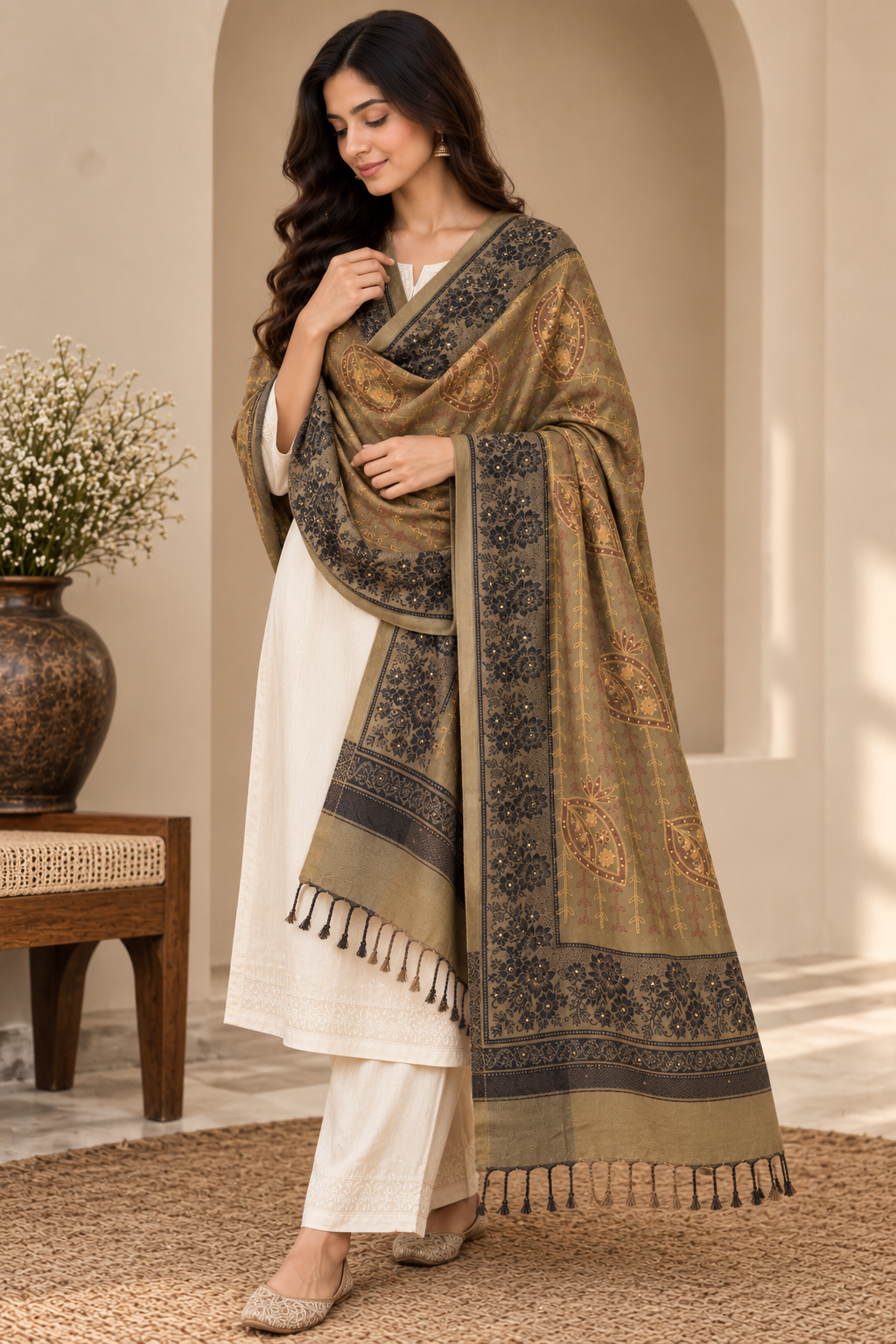 Olive Embroidered Stole with Sequin Paisley Motifs
