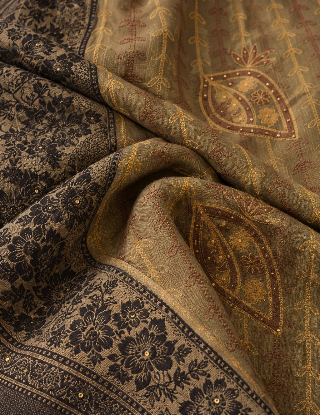 Olive Embroidered Stole with Sequin Paisley Motifs