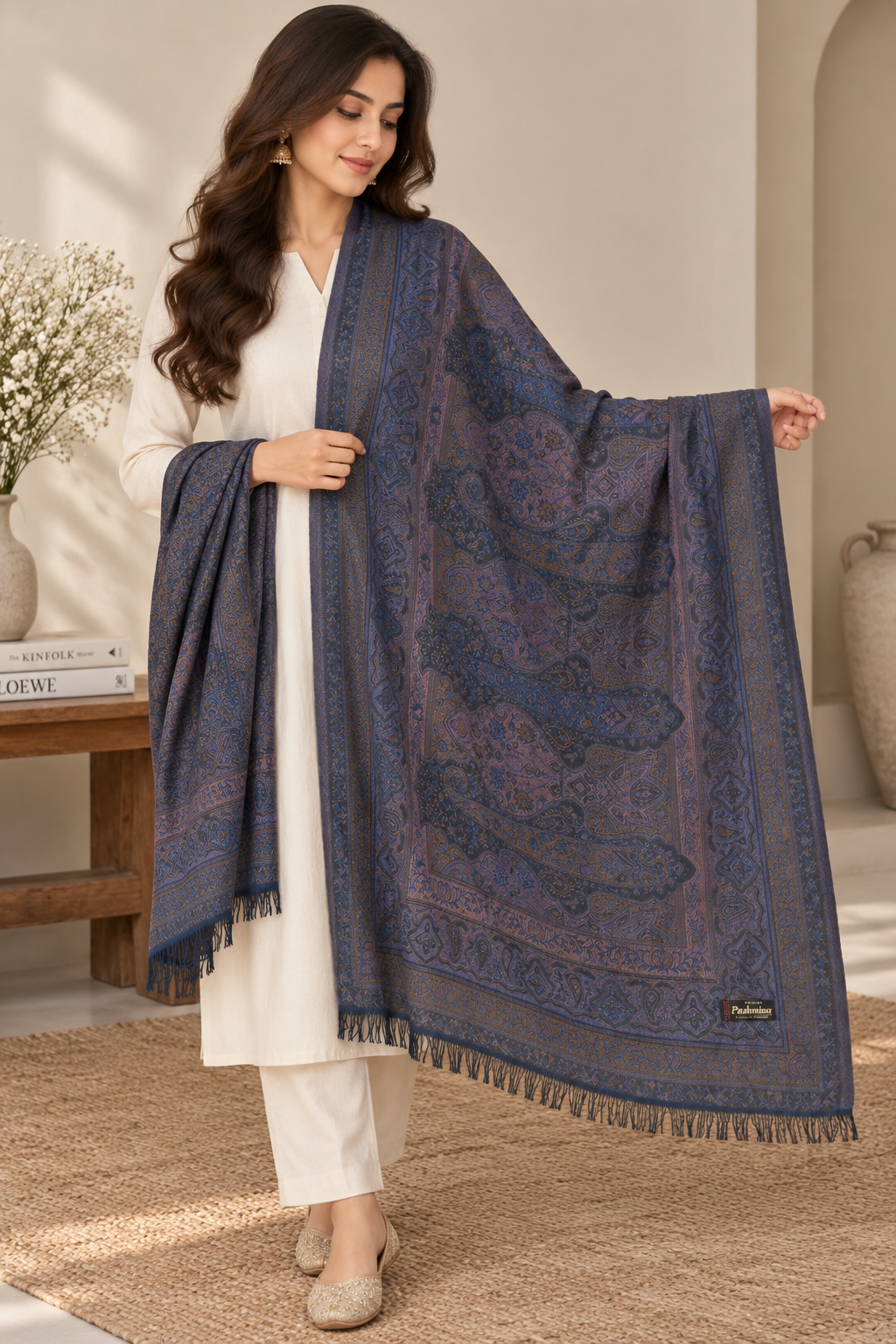 Indigo Kani Paisley Shawl with Ornate Border