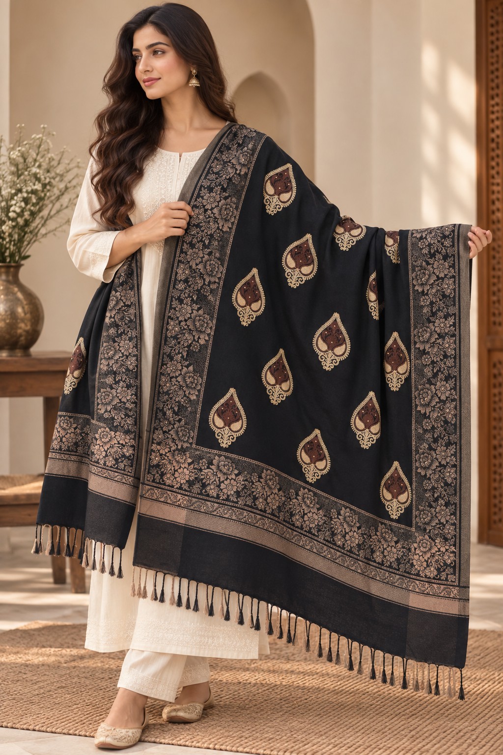 Black Booti Pattern Shawl with Floral Border