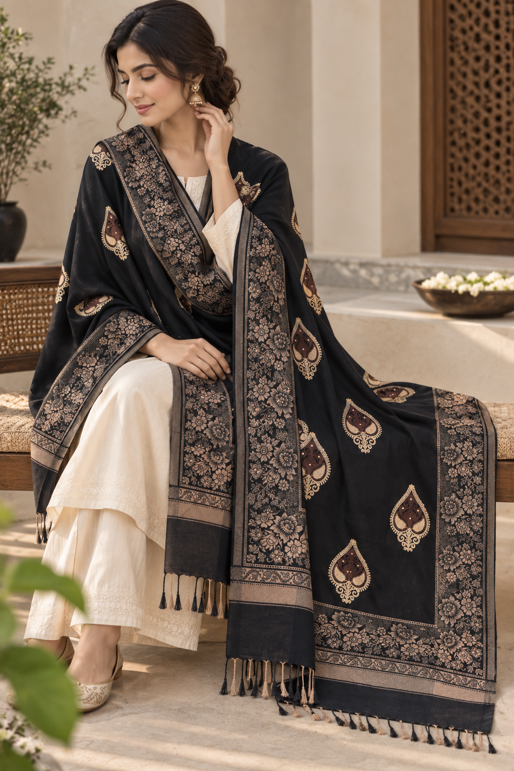 Black Booti Pattern Shawl with Floral Border