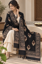 Black Booti Pattern Shawl with Floral Border